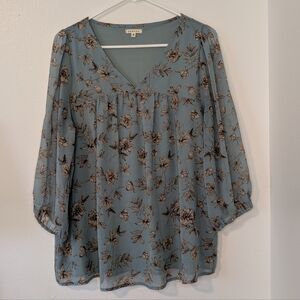 Jodifl Floral V-Neck Blouse - Blue and Brown